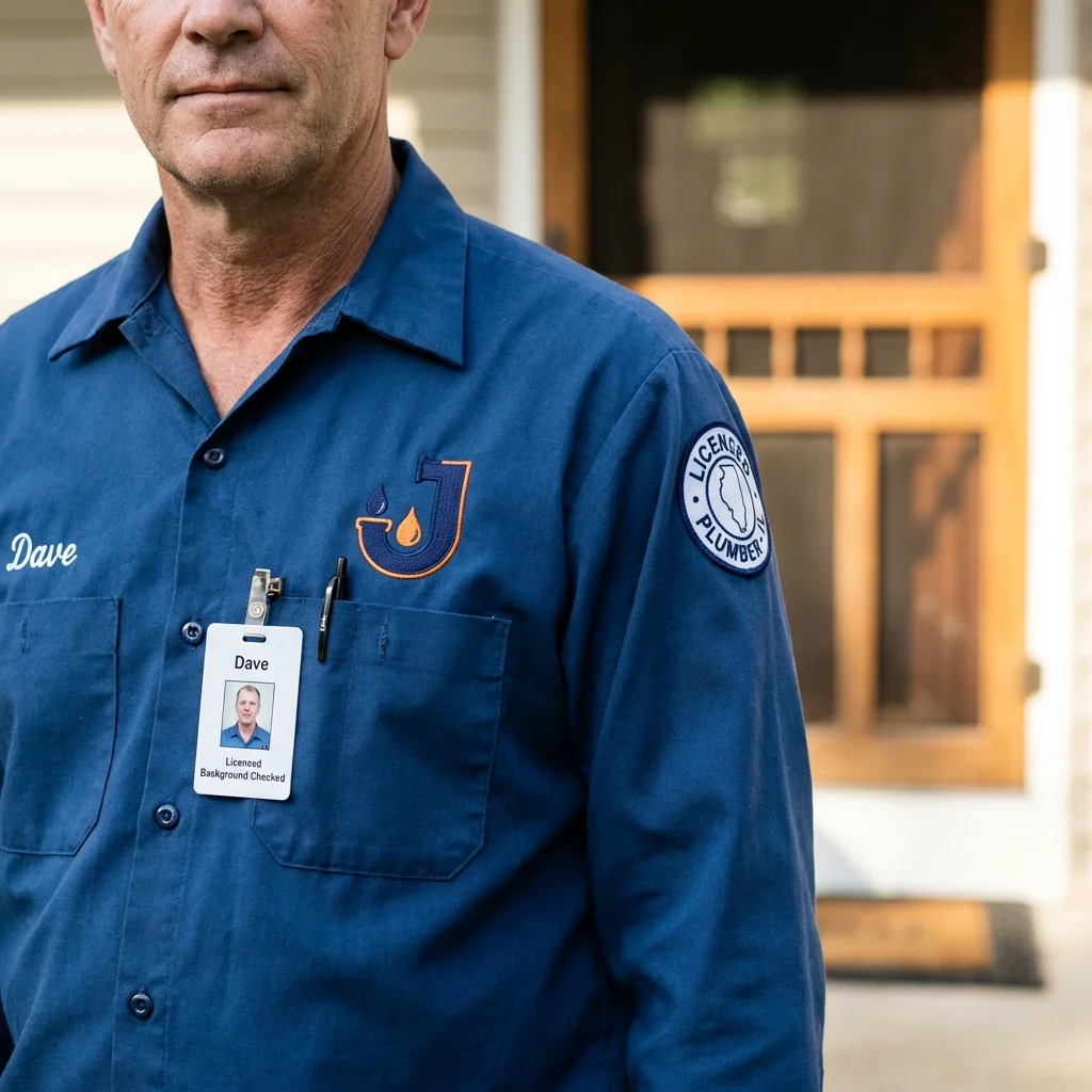 Licensed plumber showing ID badge in Desert Hot Springs, CA