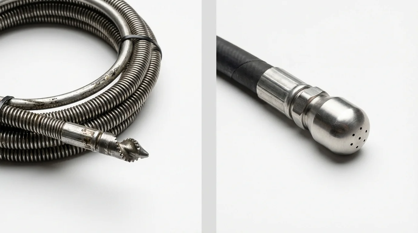 Drain snake cable and hydro jetting nozzle used for drain cleaning in Desert Hot Springs, CA