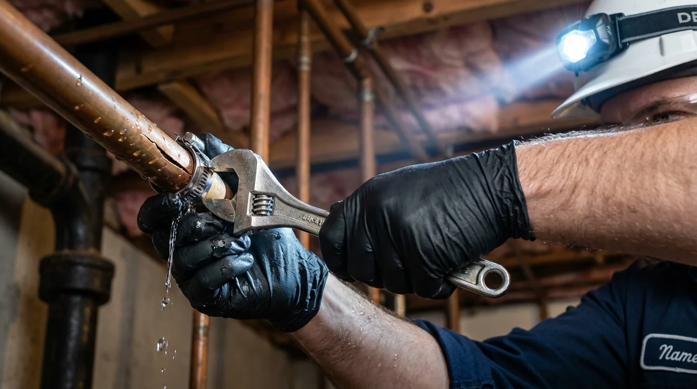 Emergency pipe clamp repair being performed by a Johns Plumbing LLC plumber in Desert Hot Springs