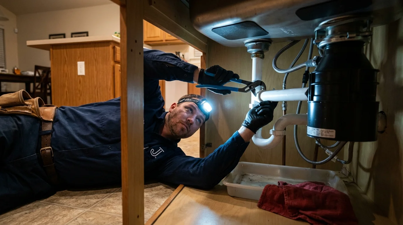 P-trap and supply line connections under a kitchen sink showing a common leak point in Desert Hot Springs, CA